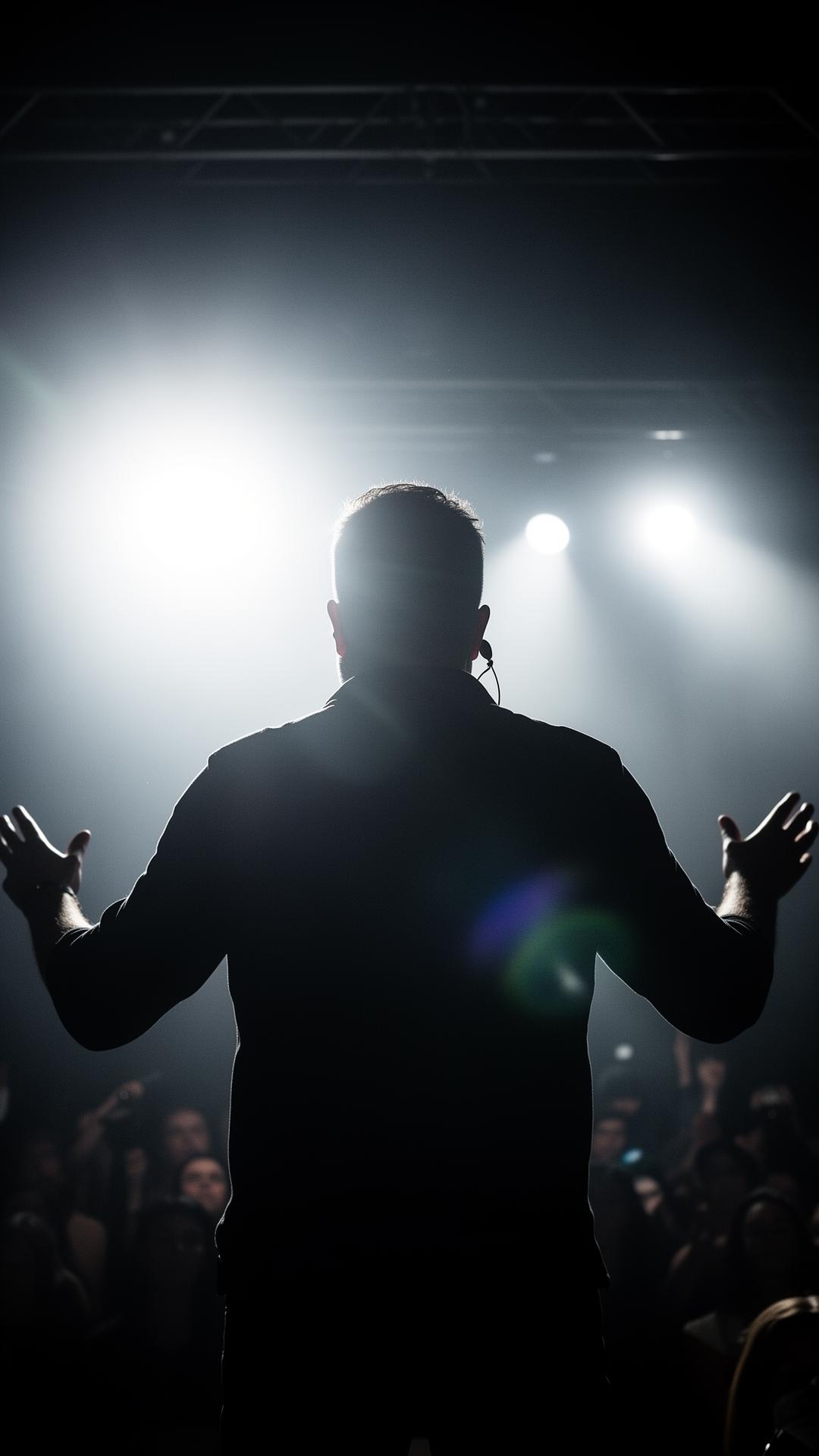 Silhouette of the artist on stage in haze