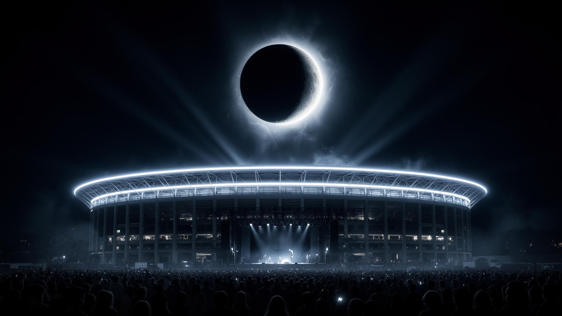 Eclipse over a luminous stadium at night